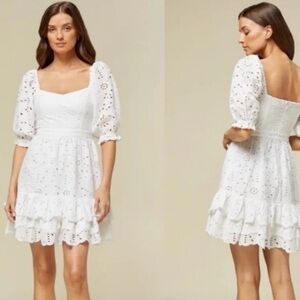 Rachel Parcell White Eyelet‎ Puff Sleeve Mini Dress Medium Smocked Bridal